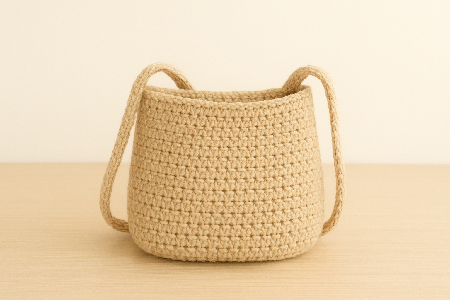 Bolsa de crochê bege em fundo claro